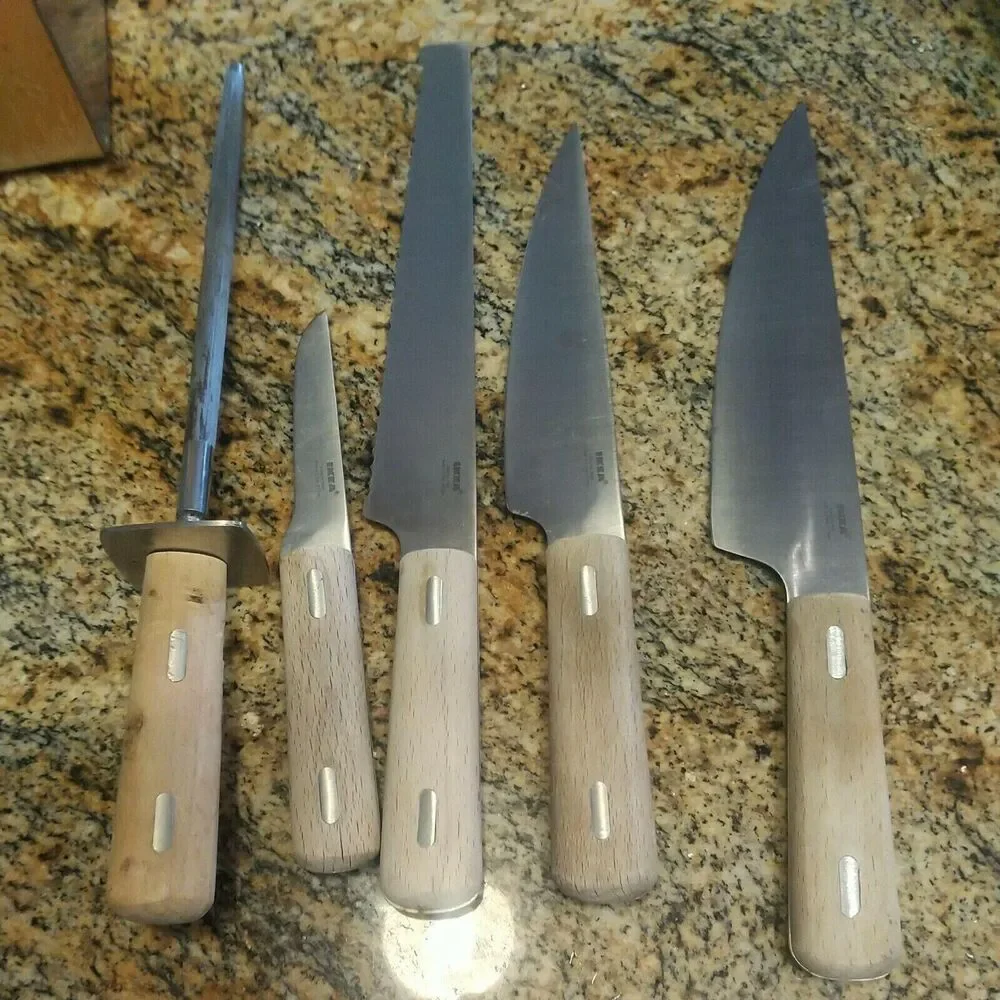 RARE IKEA 5 Wood Handle Knives 6 Piece Set Including Stainless Wood Block